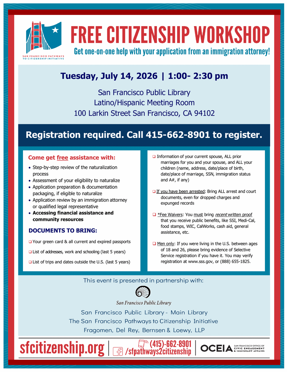 Free Citizenship Workshop flyer in English — Tuesday July 14, 2026, 1:00–2:30 pm, SF Public Library Main Library