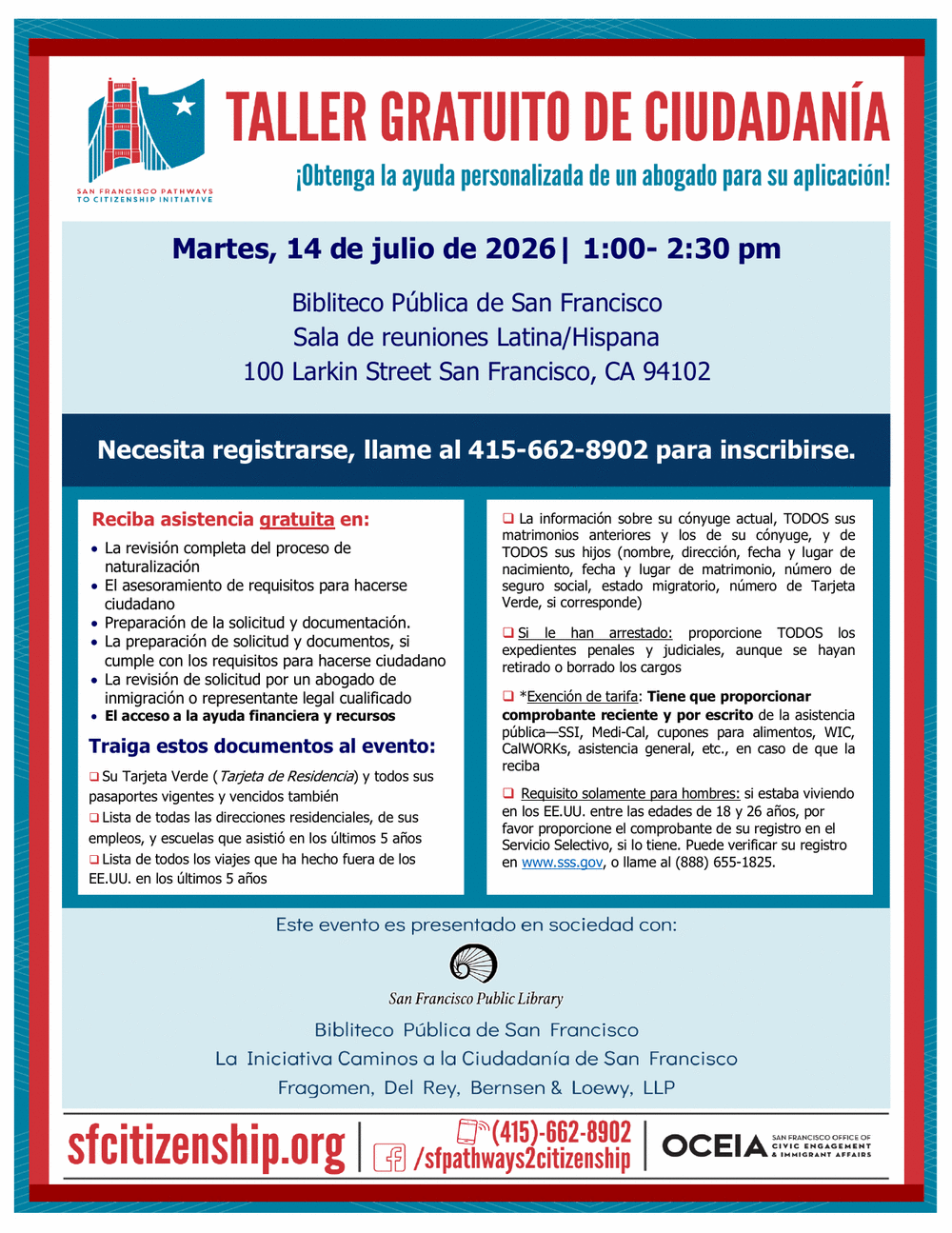 Taller Gratuito de Ciudadania flyer in Spanish, martes 14 de julio de 2026, 1:00 to 2:30 pm