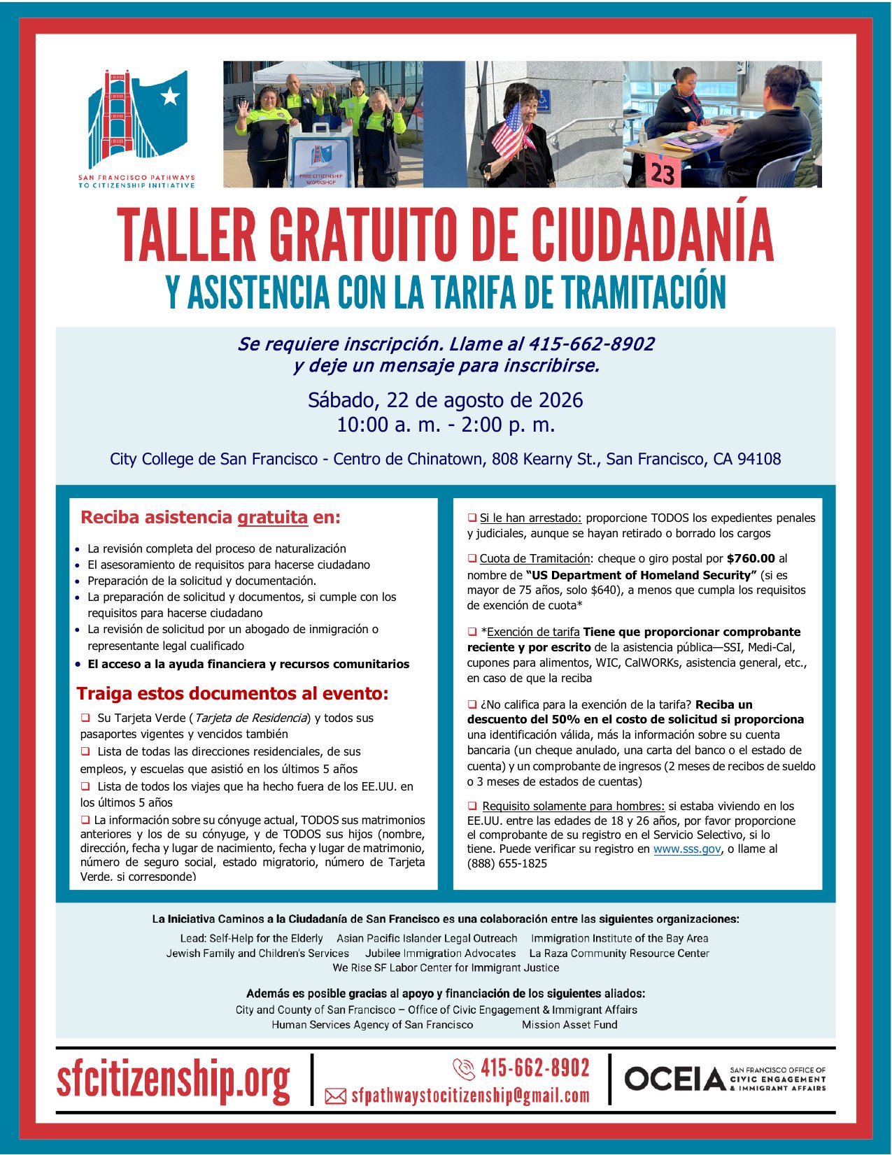 Free Citizenship Workshop flyer in Spanish (Español), Saturday August 22 2026, CCSF Chinatown Center.