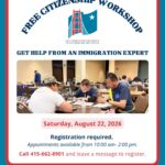 Free Citizenship Workshop graphic for Saturday, August 22, 2026, hosted by the SF Pathways to Citizenship Initiative and OCEIA. Registration required, call 415-662-8901.