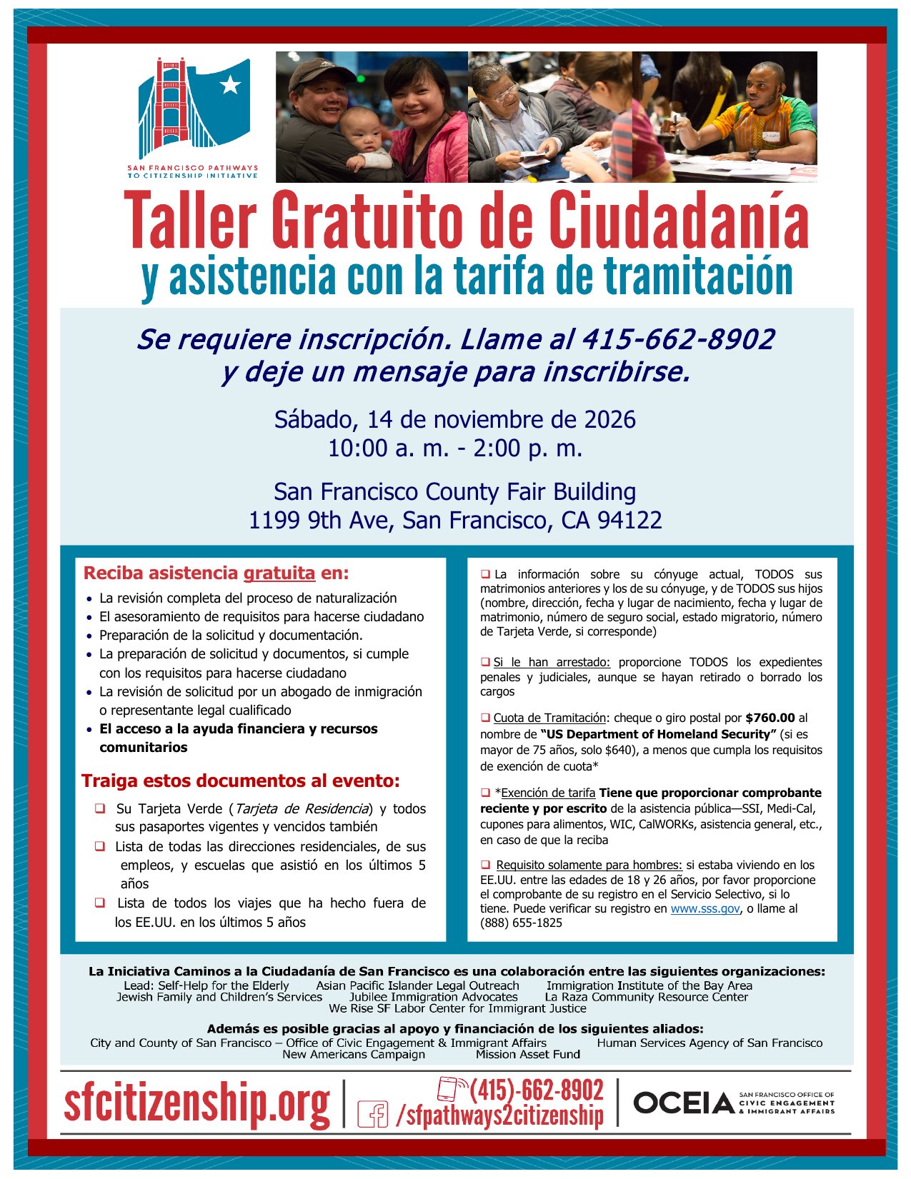 Free Citizenship Workshop and fee waiver assistance flyer in Spanish (Español), Saturday November 14 2026, San Francisco County Fair Building.