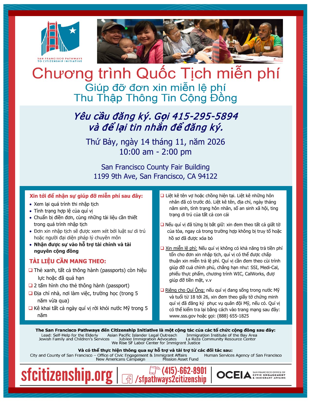 Free Citizenship Workshop and fee waiver assistance flyer in Vietnamese (Tiếng Việt), Saturday November 14 2026, San Francisco County Fair Building.